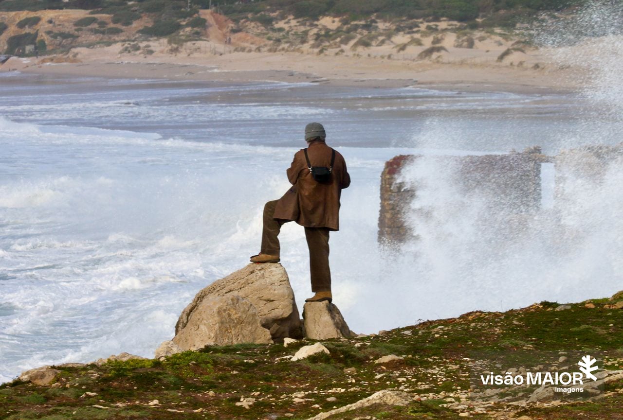 Um homem de costas a olhar para as ondas