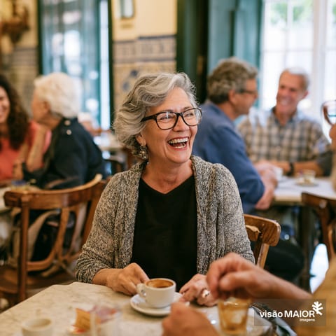 Imagem gerada com IA- Mulher em feliz convivio num café