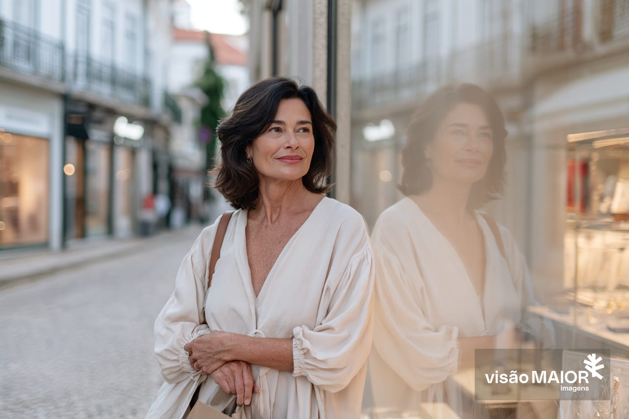 Imagem gerada com IA- Mulher encostada a uma montra de vidro com um ar feliz