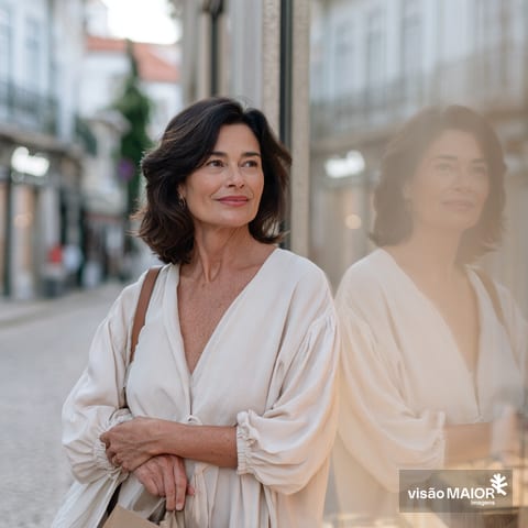 Imagem gerada com IA- Mulher encostada a uma montra de vidro com um ar feliz