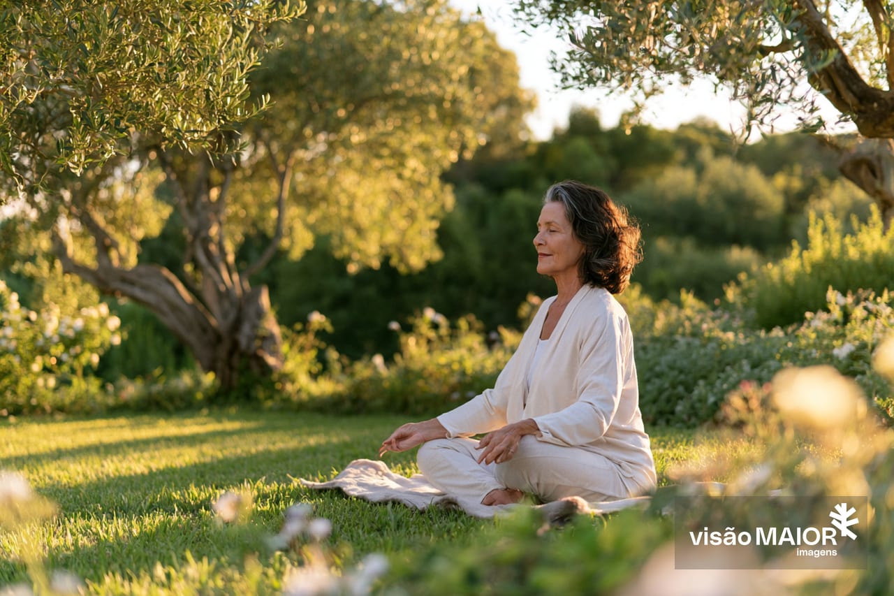 Imagem gerada com IA- Mulher a meditar sentada ao ar livre rodeada de natureza