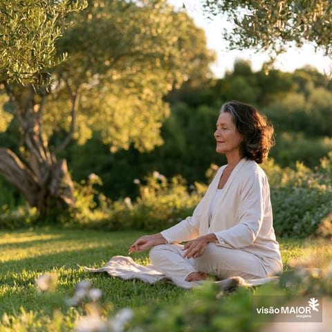 Imagem gerada com IA- Mulher a meditar sentada ao ar livre rodeada de natureza